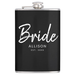 Modern Bride Black White Script Personalised Name Hip Flask