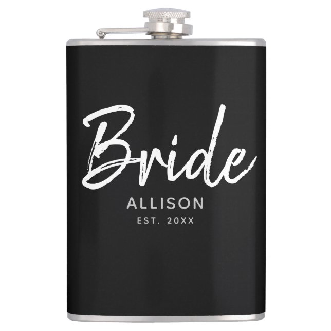 Modern Bride Black White Script Personalised Name Hip Flask (Front)