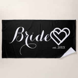 Modern Bride Customised Date Black White Hearts Beach Towel