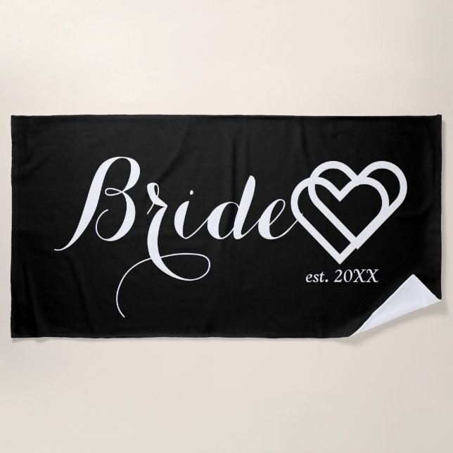 Modern Bride Customised Date Black White Hearts Beach Towel (Front)