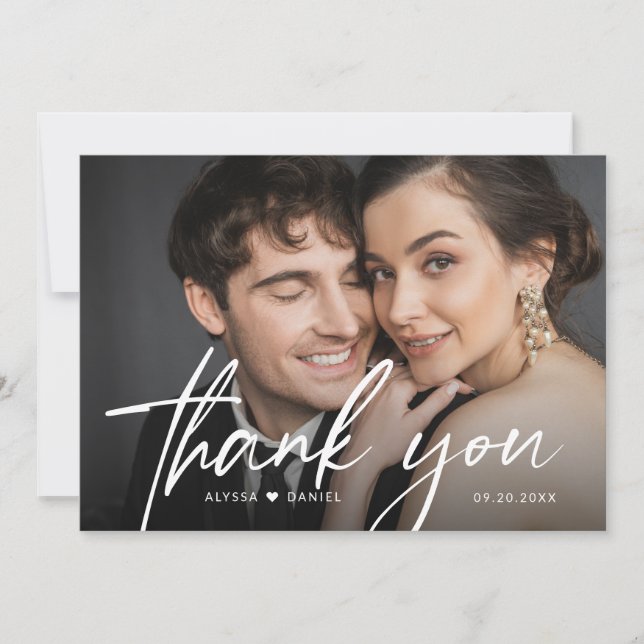 Modern Bride Groom Photo Handlettering Wedding Thank You Card (Front)