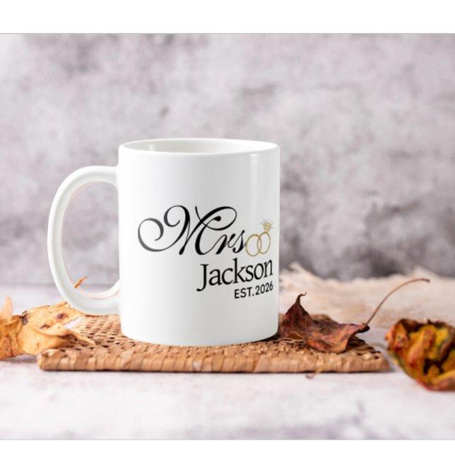 Modern Bride Name Wedding Ring Date Black Text  Coffee Mug (Modern newly bride name date mug)