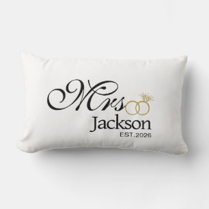 Modern Bride Name Wedding Ring Date Black Text Lumbar Cushion