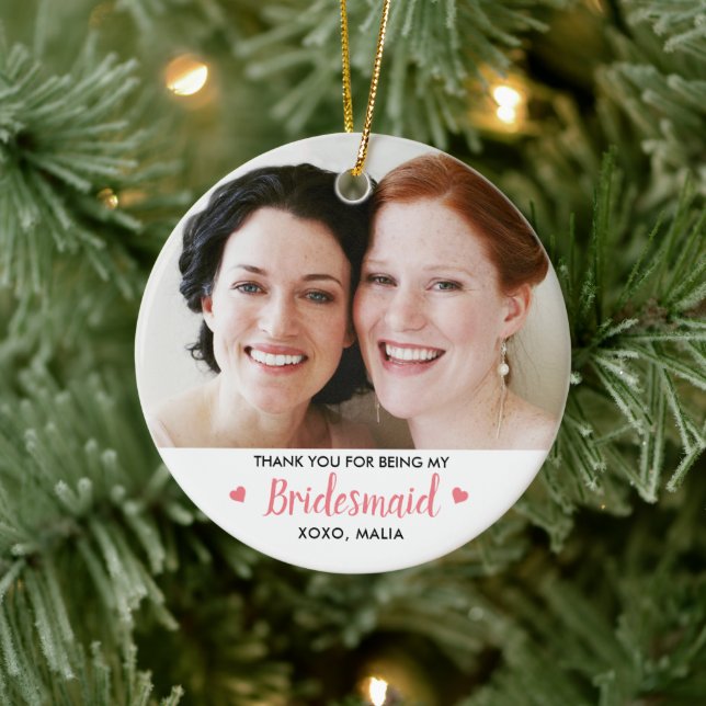 Modern Bridesmaid Photo Personalised Ceramic Ornament (Tree)