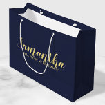 Modern Bridesmaid Proposal Large Gift Bag<br><div class="desc">Modern Bridesmaid Proposal Gift Bag features personalised bridesmaid's name in gold modern script font style on navy blue background. Also perfect for maid of honour, flower girl, groomsman, best man and ring bearer. Please Note: The foil details are simulated in the artwork. No actual foil will be used in the...</div>