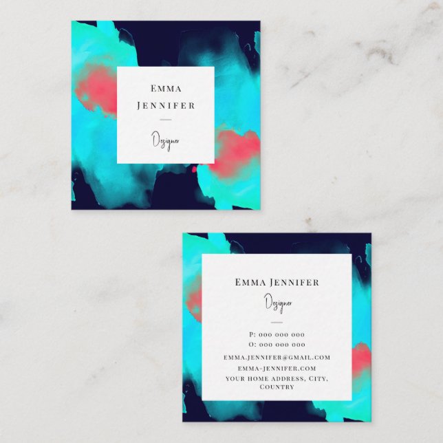 Modern Bright Abstract blue Painted Pattern  Square Business Card (Front/Back)