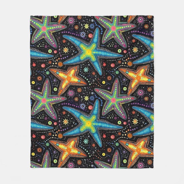 Modern bright black starfish pattern fleece blanket (Front)