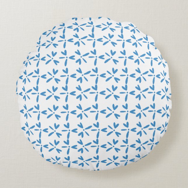 Modern Bright Blue Floral Pattern Round Pillow (Front)