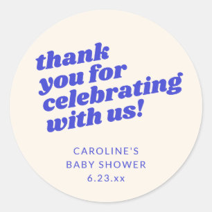 Modern Bright Blue Retro Baby Shower Thank You Classic Round Sticker
