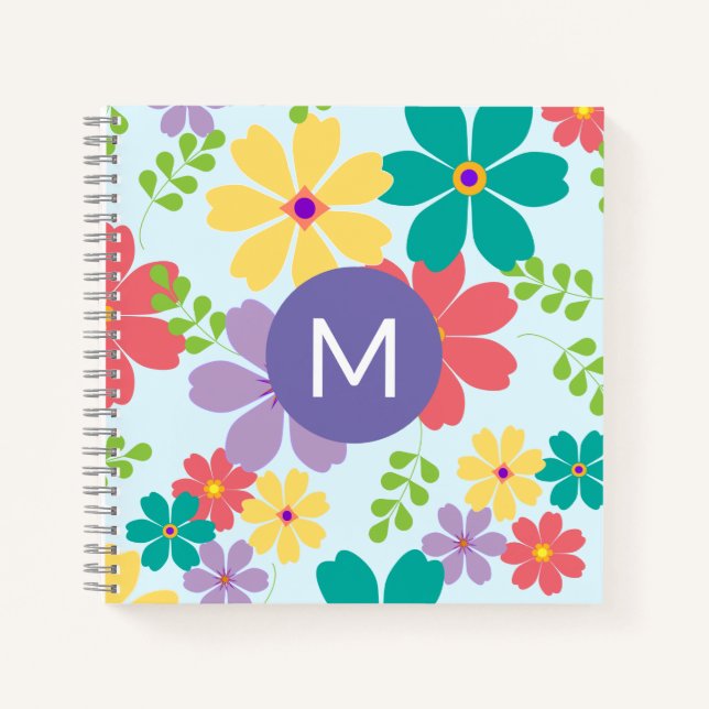 Modern Bright Cheerful Flower Pattern Monogrammed Notebook (Front)
