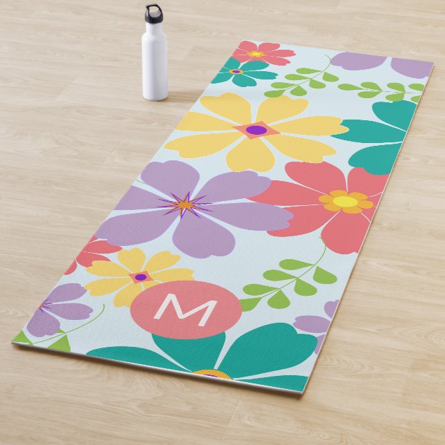 Modern Bright Cheerful Flower Pattern Monogrammed Yoga Mat (In Situ)