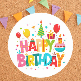 Modern Bright Colourful Classic Happy Birthday  Round Sticker