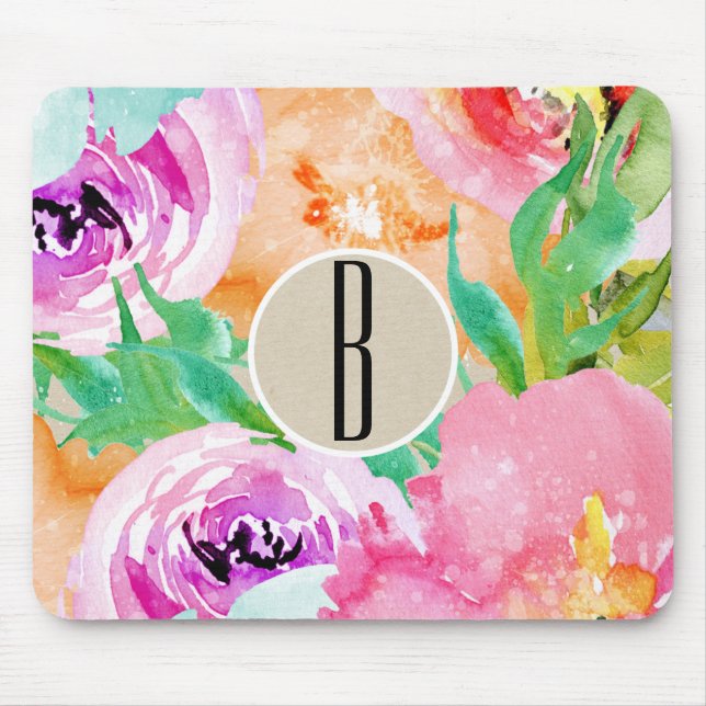 Modern Bright Colourful Floral Watercolor Kraft Mouse Pad (Front)