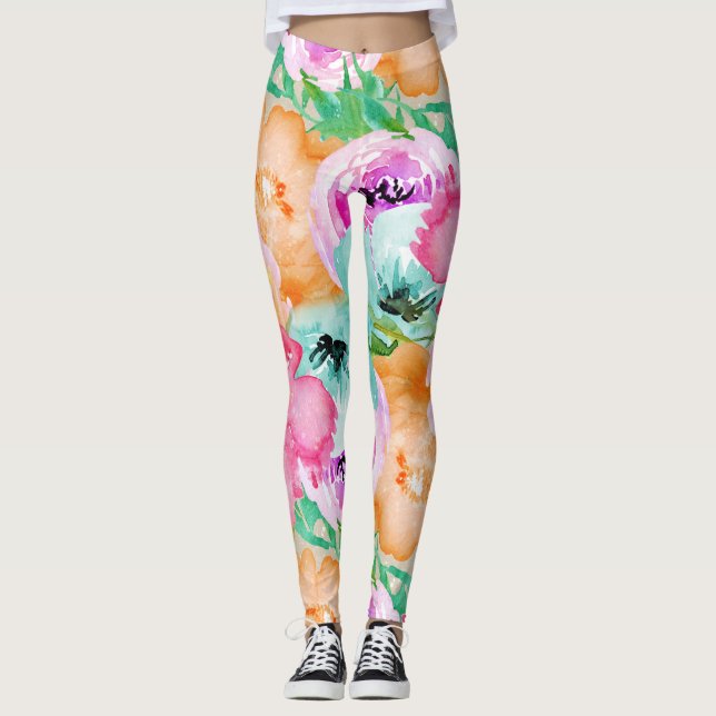 Modern Bright Colourful Spring Floral Watercolor Leggings (Front)