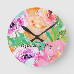 Modern Bright Colourful Spring Floral Watercolor Round Clock