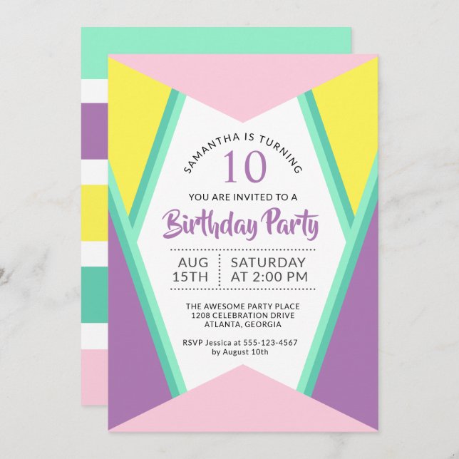 Modern Bright Colours Girl's Birthday Party Invitation (Front/Back)