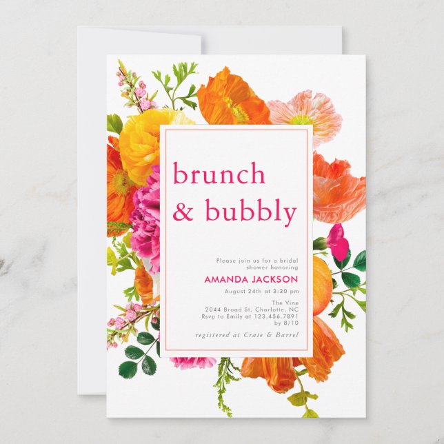 Modern Bright Floral Blooms & Bubbly Bridal Shower Invitation (Front)
