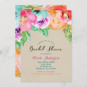 Modern Bright Floral Brown Kraft Bridal Shower Invitation