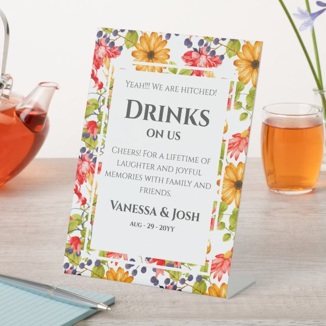 Modern Bright Floral Pattern Wedding Bar Sign (In SItu)