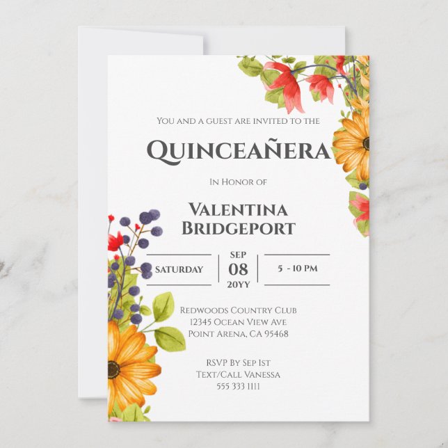 Modern Bright Floral Watercolor Quinceañera Invitation (Front)