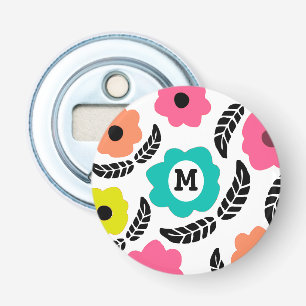 Modern Bright Flowers and Black Leaf Monogram Bottle Opener