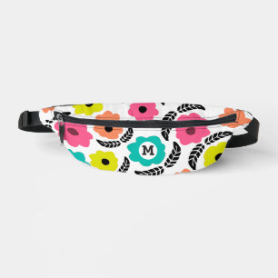 Modern Bright Flowers and Black Leaf Monogram Bum Bags