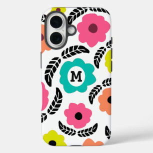 Modern Bright Flowers and Black Leaf Monogram iPhone 16 Case