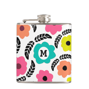 Modern Bright Flowers and Black Leaf Monogram Hip Flask