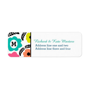 Modern Bright Flowers and Black Leaf Monogram Return Address Label