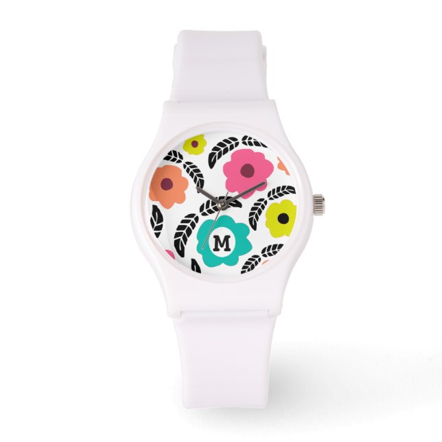 Modern Bright Flowers and Black Leaf Monogram Watch (Front)