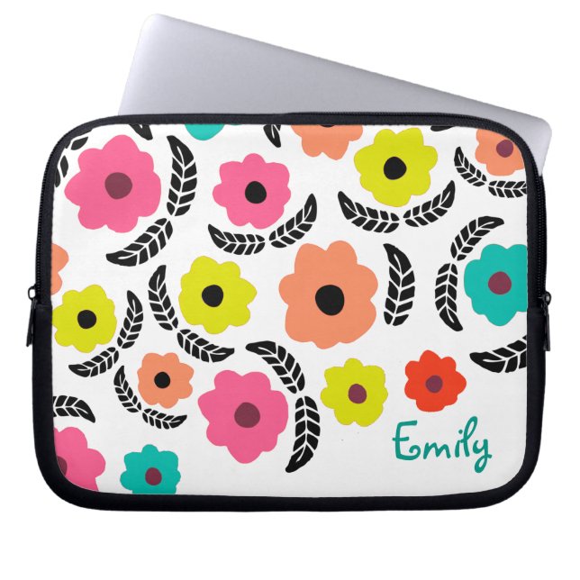 Modern Bright Flowers and Black Leaf Personalised Laptop Sleeve (Front)