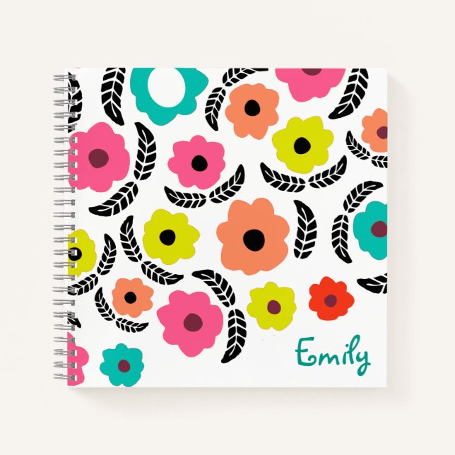 Modern Bright Flowers and Black Leaf Personalised Notebook (Front)