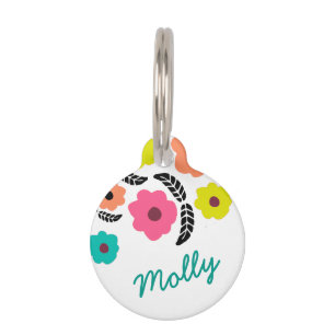 Modern Bright Flowers and Black Leaf Personalised Pet Tag