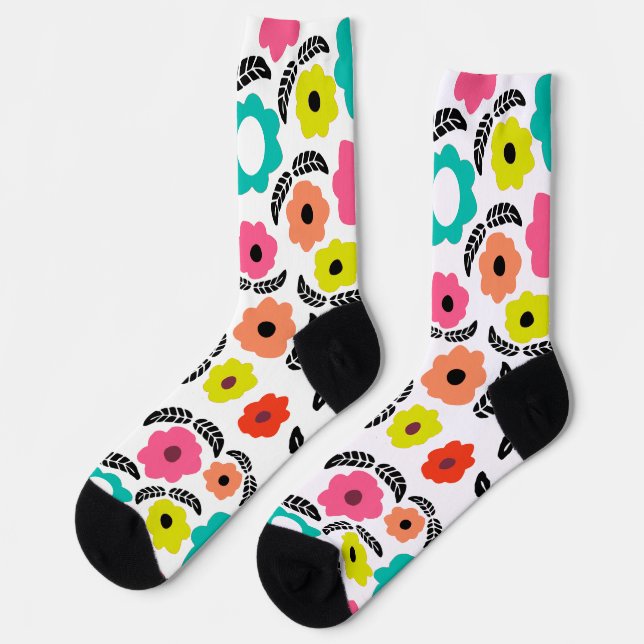 Modern Bright Flowers and Black Leaf Socks (Left)