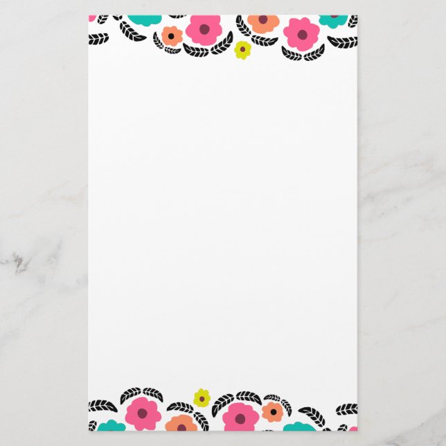Modern Bright Flowers and Black Leaf Stationery (Front)