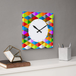 Modern bright funky colourful triangles pattern square wall clock