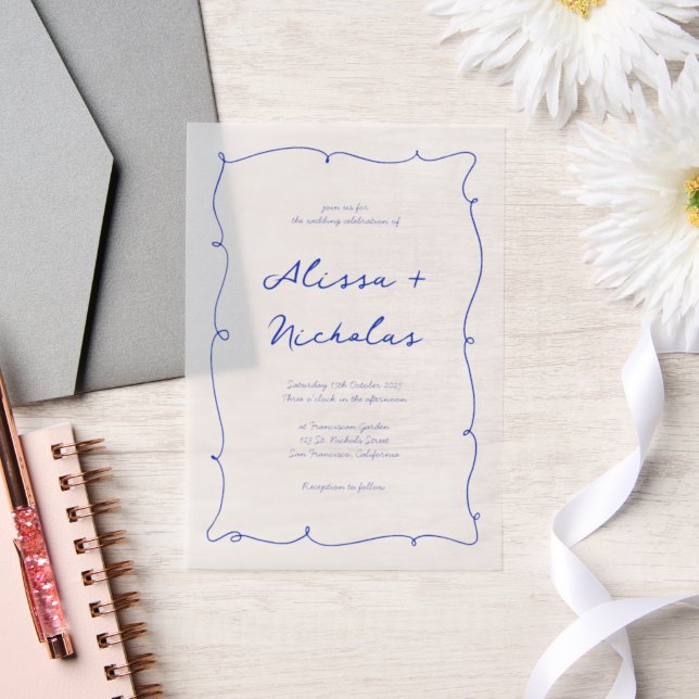 Modern Bright Hand Drawn Blue Border Wedding Vellum Invitations (Wedding)