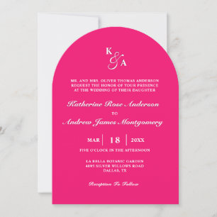 Modern Bright Hot Pink Monogram Arch Bold Wedding Invitation