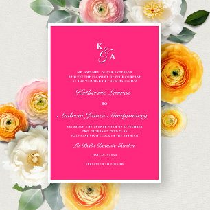 Modern Bright Hot Pink Monogram Formal Wedding Invitation