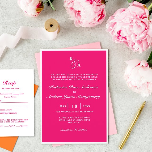 Modern Bright Hot Pink & White Monogram Wedding In Invitation (Creator Uploaded)