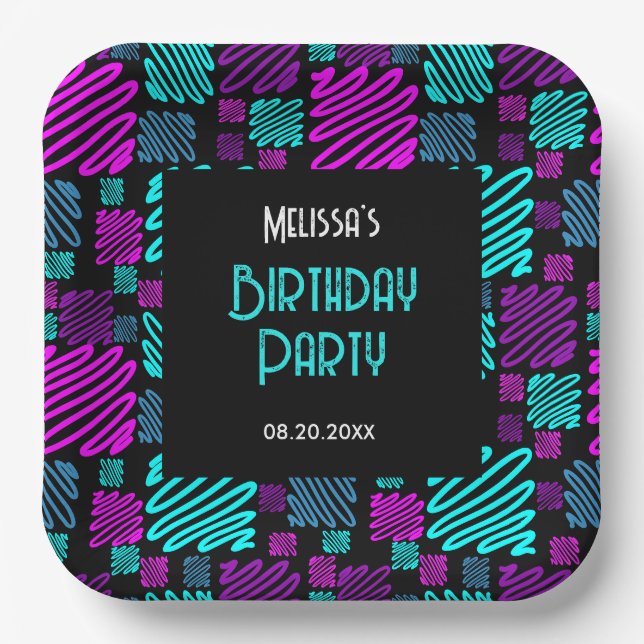 Modern Bright Neon Geometric Pattern Birthday Paper Plate (Front)