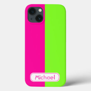 Modern Bright Neon Pink Green Monogram iPhone 13 Case
