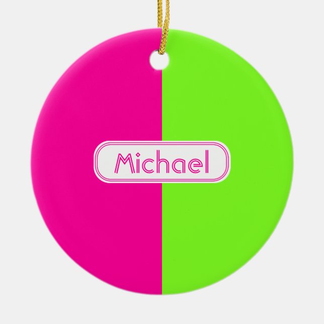 Modern Bright Neon Pink Green Monogram Ceramic Tree Decoration (Front)