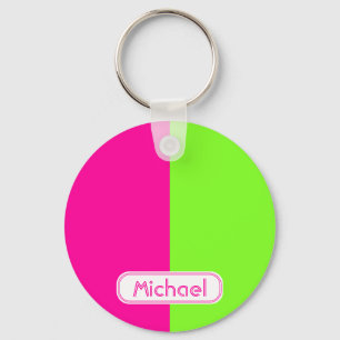 Modern Bright Neon Pink Green Monogram Key Ring