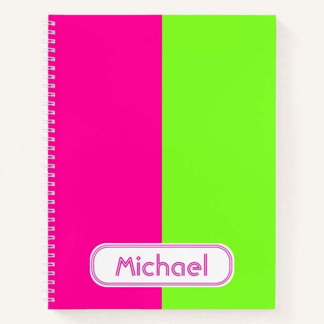 Modern Bright Neon Pink Green Monogram Notebook (Front)