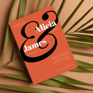 Modern bright orange black bold typography wedding invitation