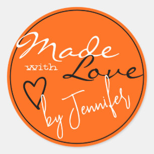 Modern Bright Orange Black Made with Love Heart Classic Round Sticker
