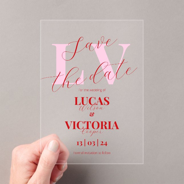 Modern Bright Pink and Red Wedding save the date  Acrylic Invitations (Insitu (Handheld))