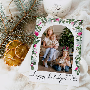 Modern Bright Pink Greenery Botanical Arch 1 Photo Holiday Card