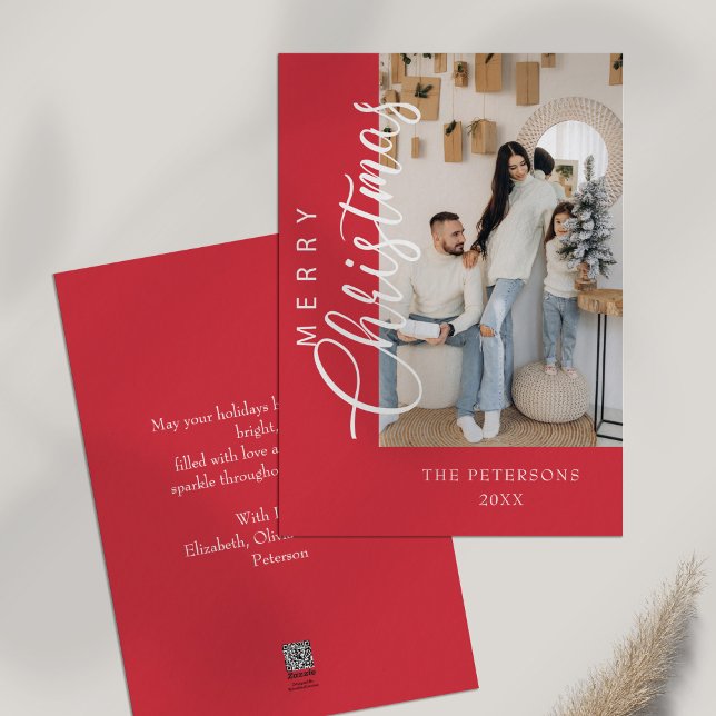 Modern Bright Pink Photo Christmas Greeting Holiday Card (Modern Bright Pink Photo Christmas Greeting Holiday Card on white table)